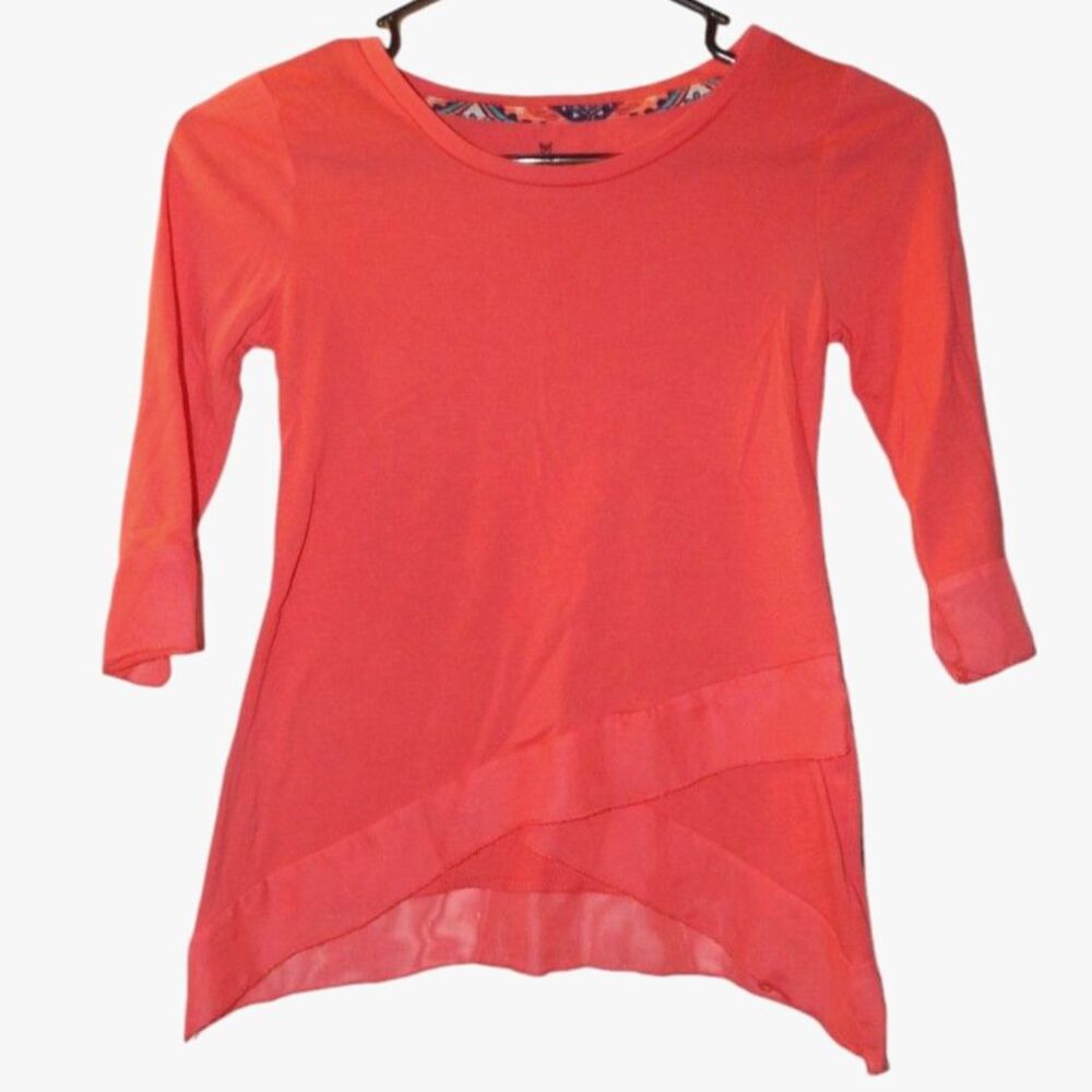 ONE STEP UP girls small 7/8 solid coral red pink 3/4 sleeve abstract hem blouse